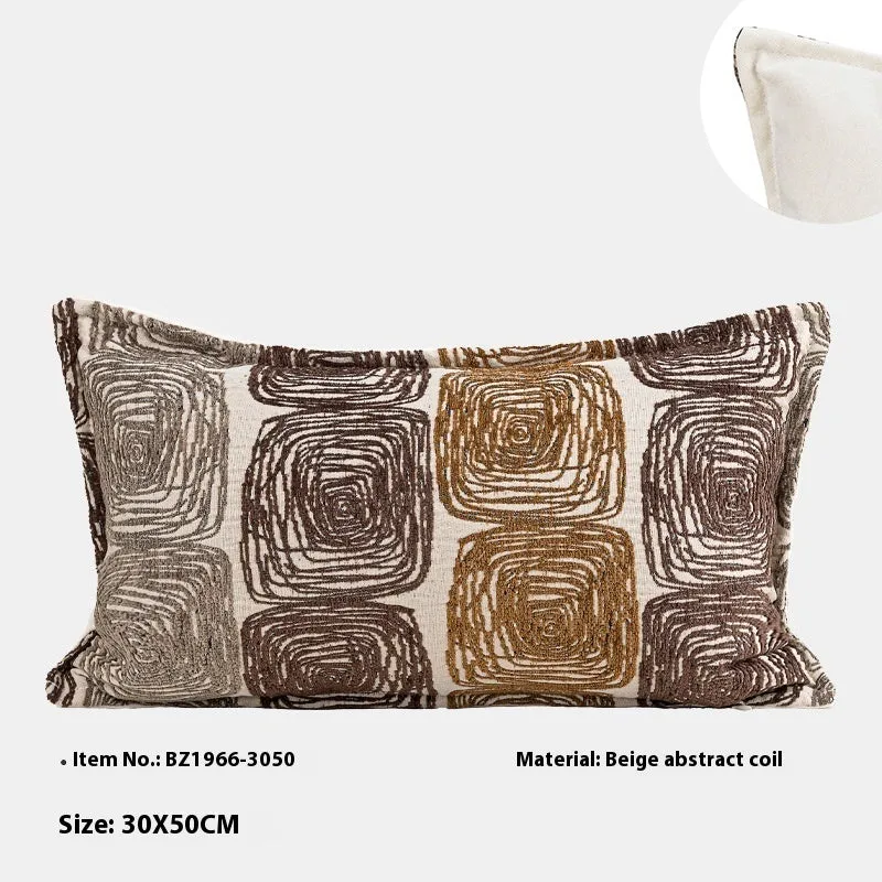Cream and coffee coloured abstract coil pattern pillow cover shown in square and waist pillow sizes.