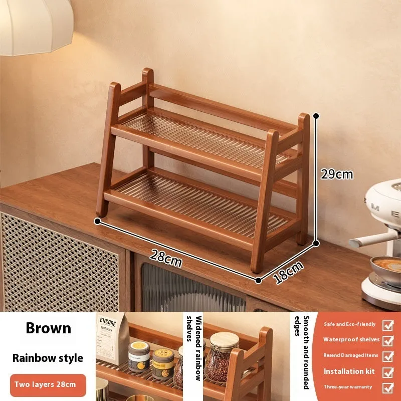 Bamboo and acrylic 2-layer tabletop teacup storage rack in primary colour with cups placed on shelves