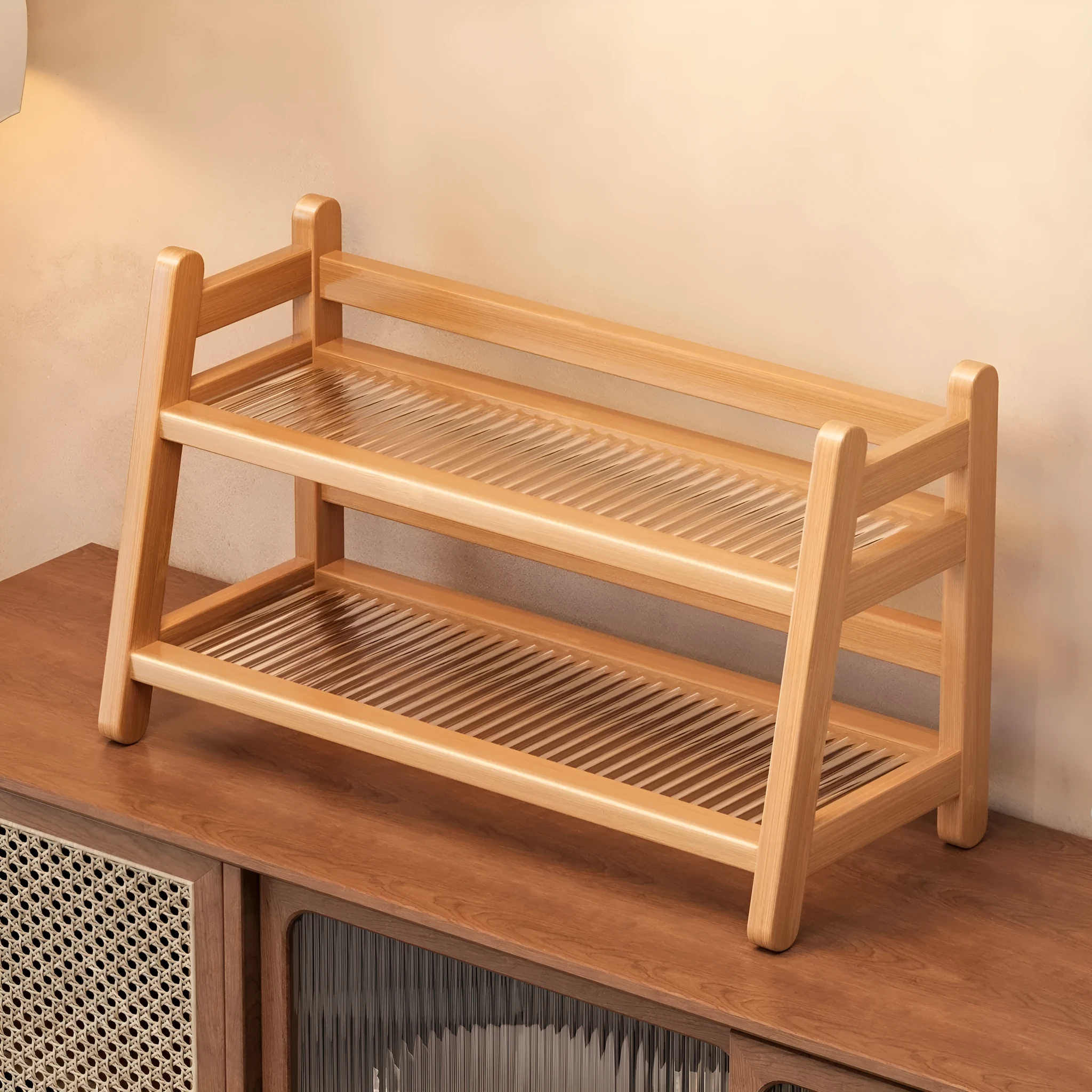 Bamboo and acrylic 2-layer tabletop teacup storage rack in primary colour with cups placed on shelves