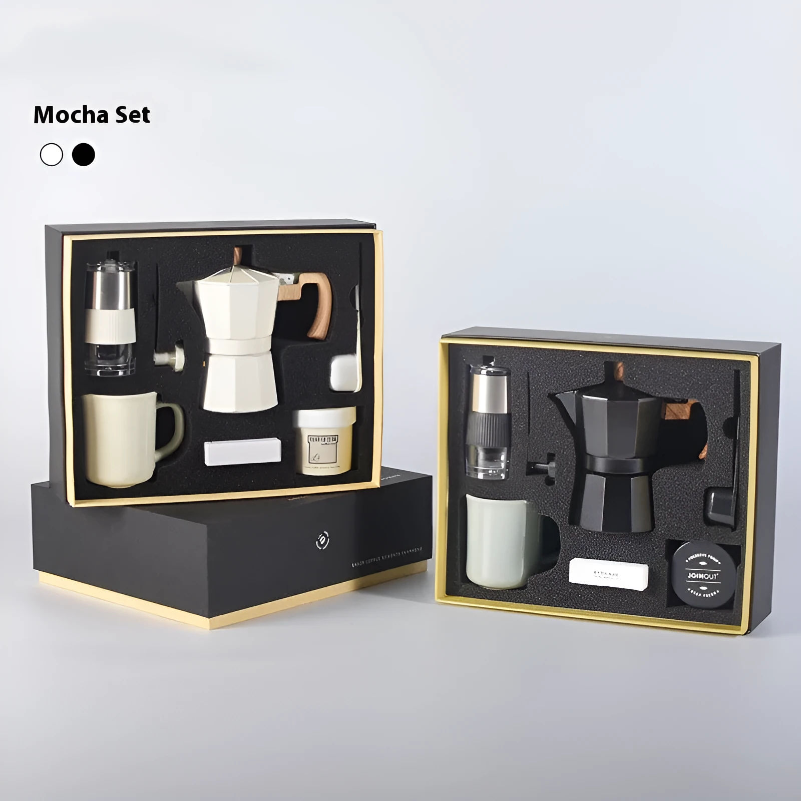 Six-piece manual grinding machine set in beige and black with moka pot, cup, bean jar, and accessories