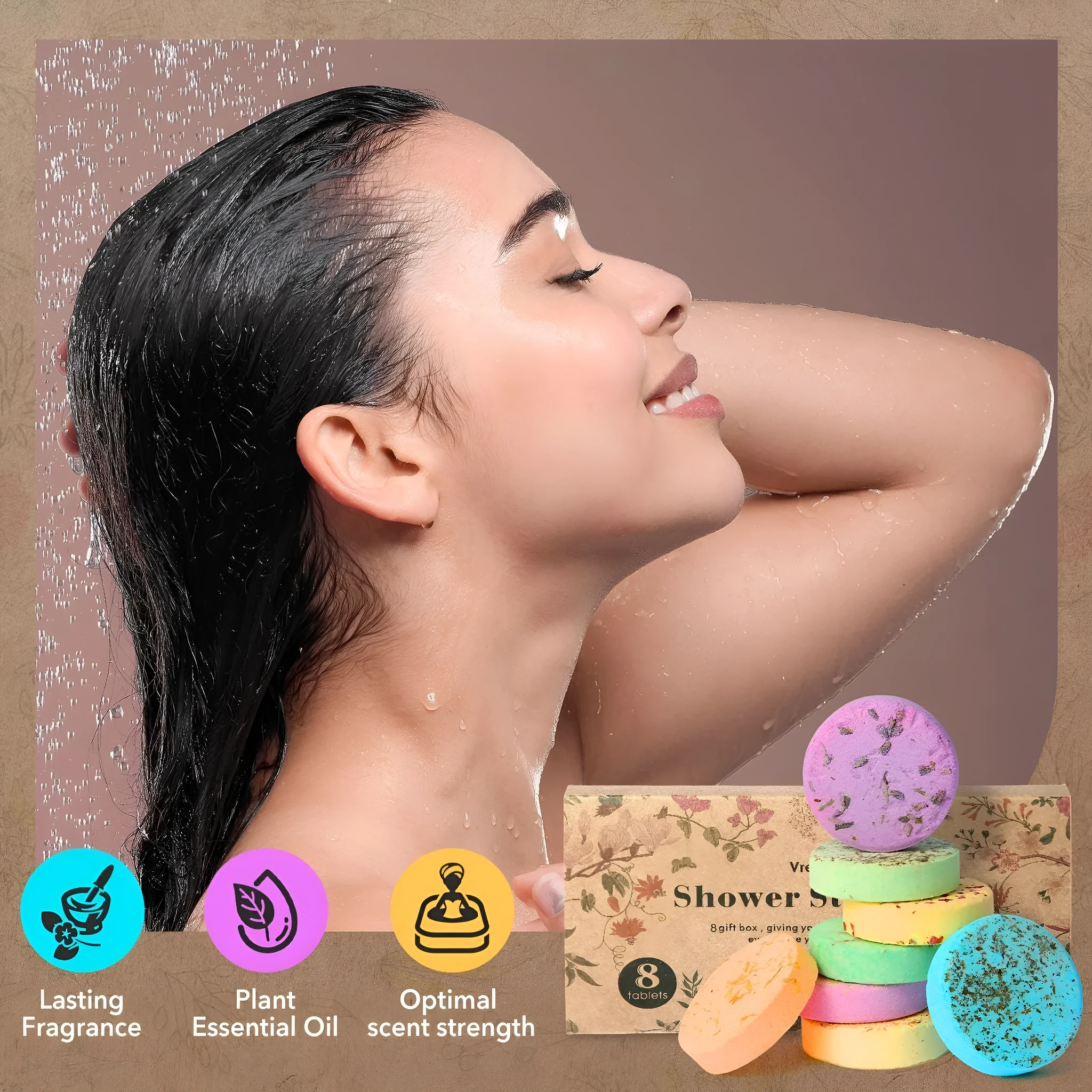 Set of eight round dried flower fragrance shower pieces, 35g each, bath salts type