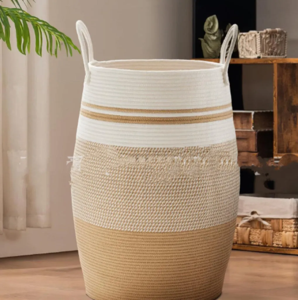 Large cotton thread laundry basket in grass yellow with 39x65x49cm dimensions for home storage