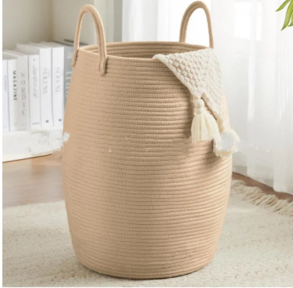 Large cotton thread laundry basket in grass yellow with 39x65x49cm dimensions for home storage