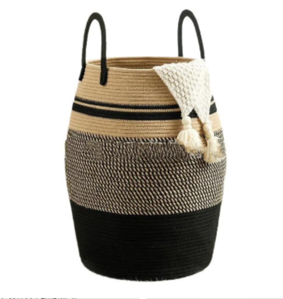 Large cotton thread laundry basket in grass yellow with 39x65x49cm dimensions for home storage