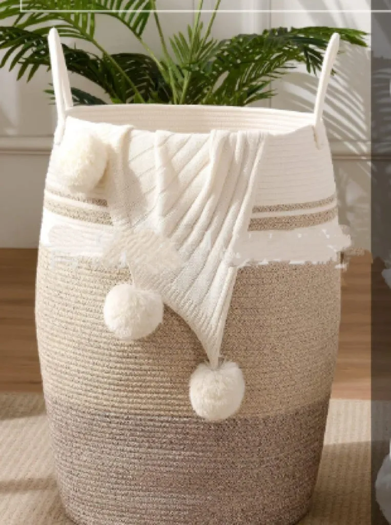 Large cotton thread laundry basket in grass yellow with 39x65x49cm dimensions for home storage