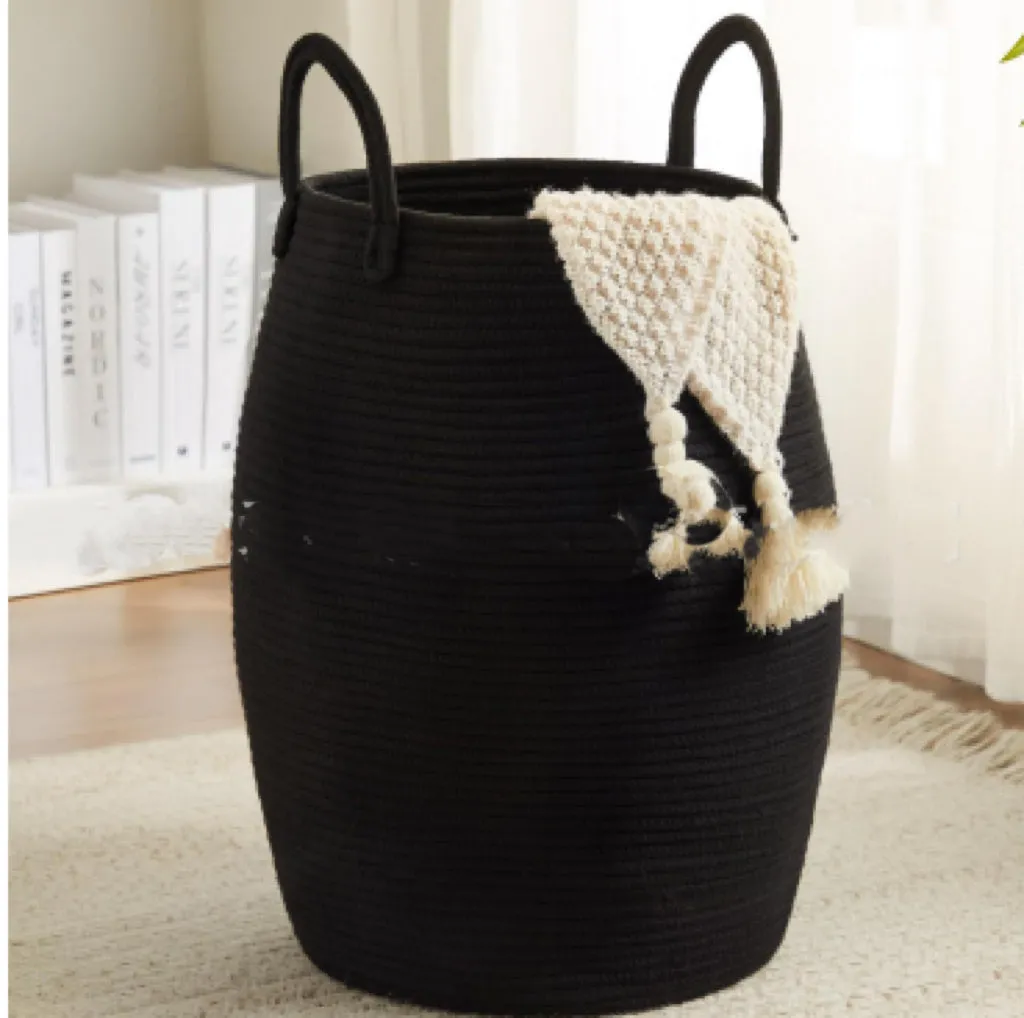 Large cotton thread laundry basket in grass yellow with 39x65x49cm dimensions for home storage