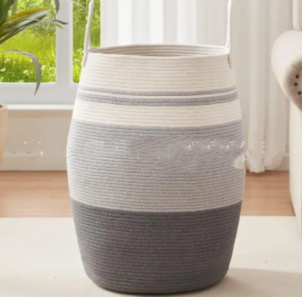 Large cotton thread laundry basket in grass yellow with 39x65x49cm dimensions for home storage