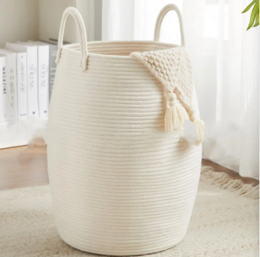 Large cotton thread laundry basket in grass yellow with 39x65x49cm dimensions for home storage
