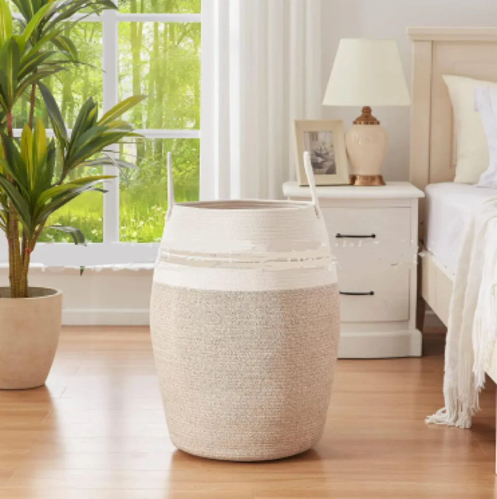 Large cotton thread laundry basket in grass yellow with 39x65x49cm dimensions for home storage