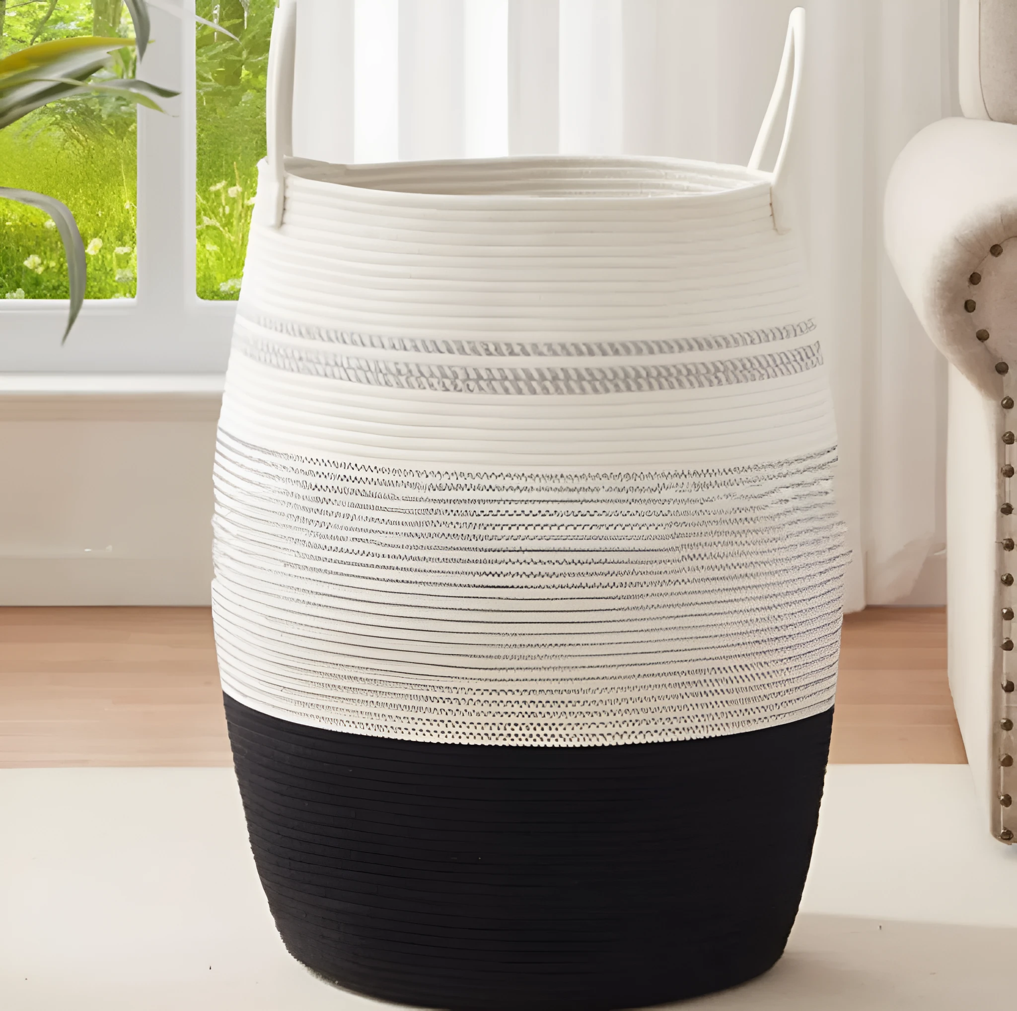 Large cotton thread laundry basket in grass yellow with 39x65x49cm dimensions for home storage