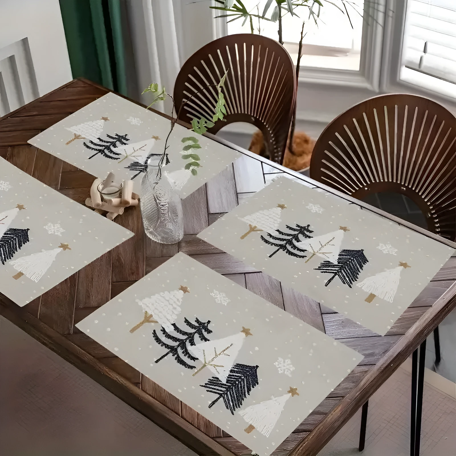 Christmas holiday party table insulation mat with Christmas tree linen printing square 30x45cm natural beige colour