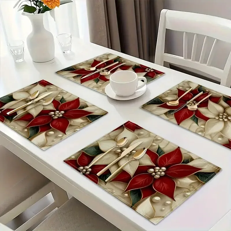 Christmas holiday party table insulation mat with Christmas tree linen printing square 30x45cm natural beige colour