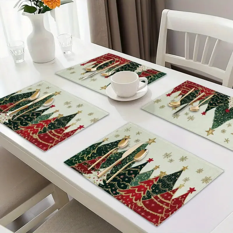 Christmas holiday party table insulation mat with Christmas tree linen printing square 30x45cm natural beige colour