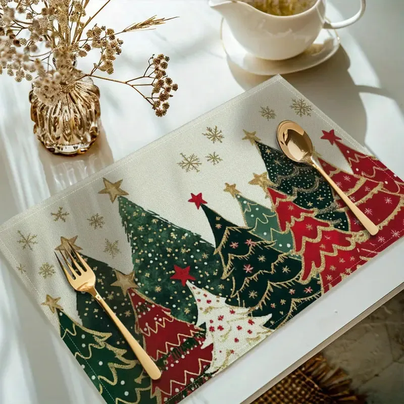 Christmas holiday party table insulation mat with Christmas tree linen printing square 30x45cm natural beige colour