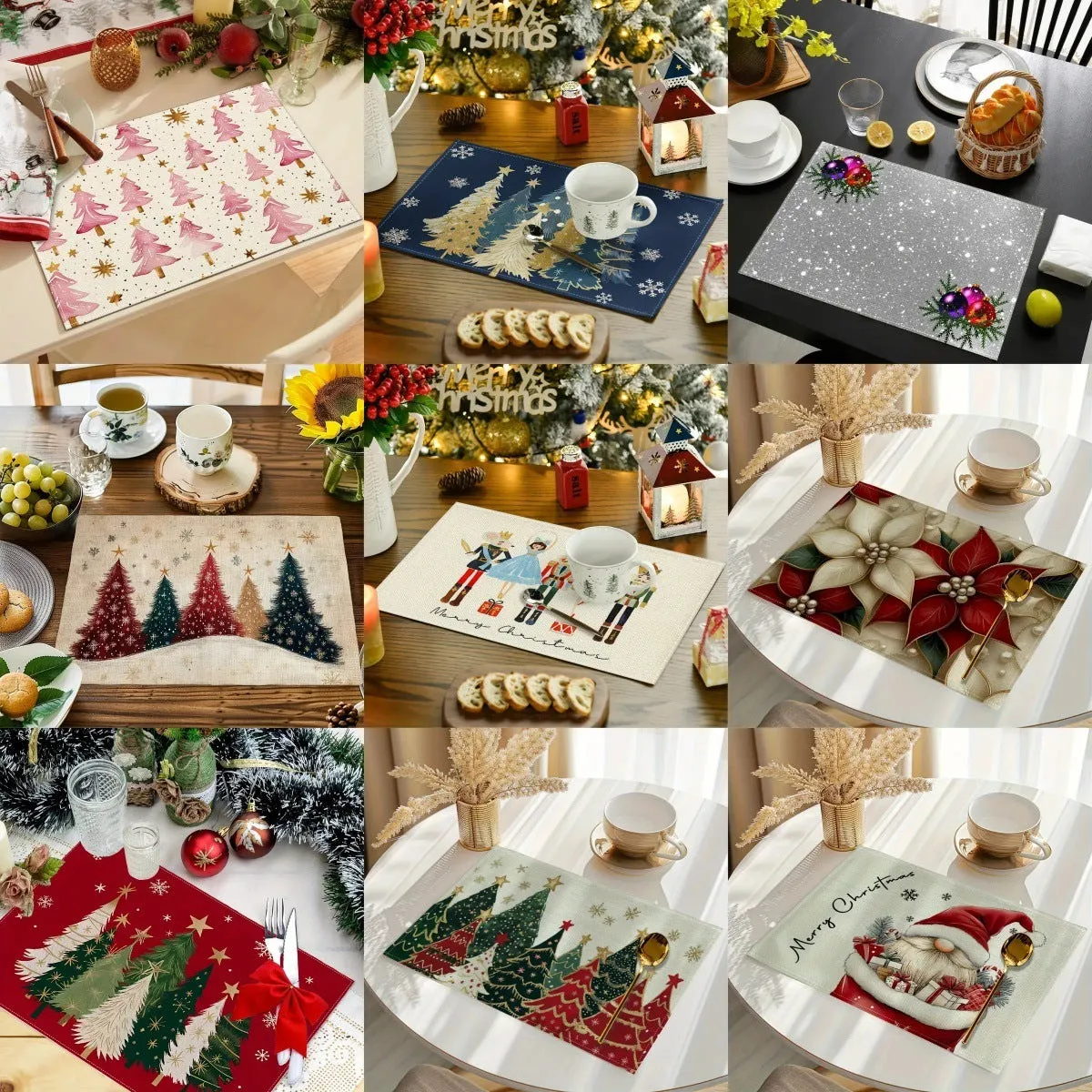 Christmas holiday party table insulation mat with Christmas tree linen printing square 30x45cm natural beige colour
