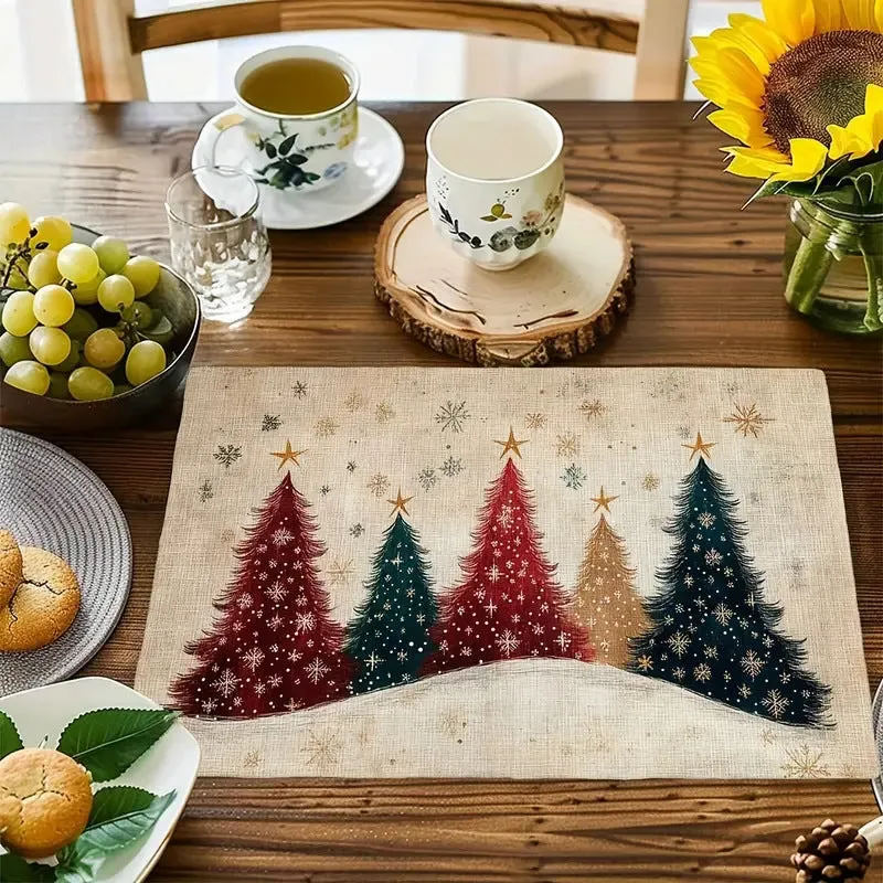 Christmas holiday party table insulation mat with Christmas tree linen printing square 30x45cm natural beige colour