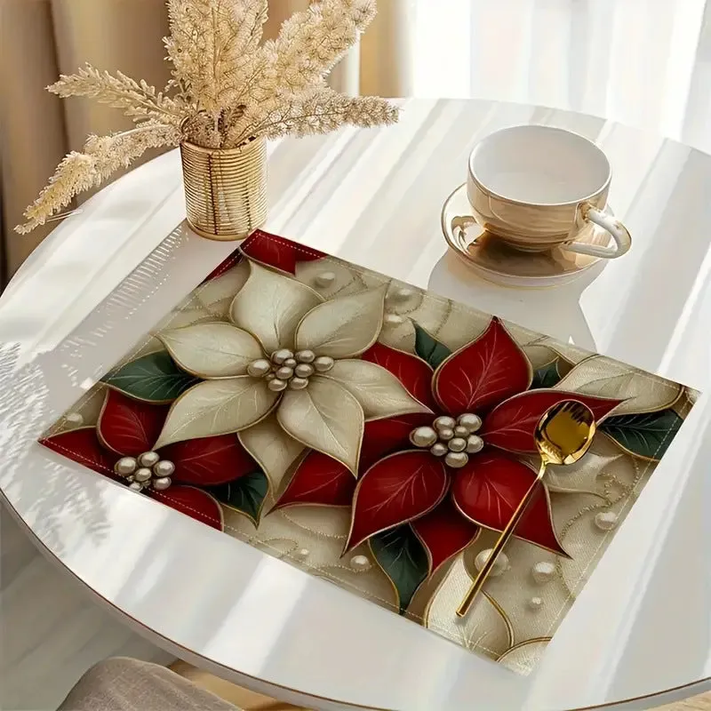 Christmas holiday party table insulation mat with Christmas tree linen printing square 30x45cm natural beige colour