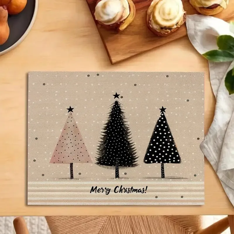 Christmas holiday party table insulation mat with Christmas tree linen printing square 30x45cm natural beige colour