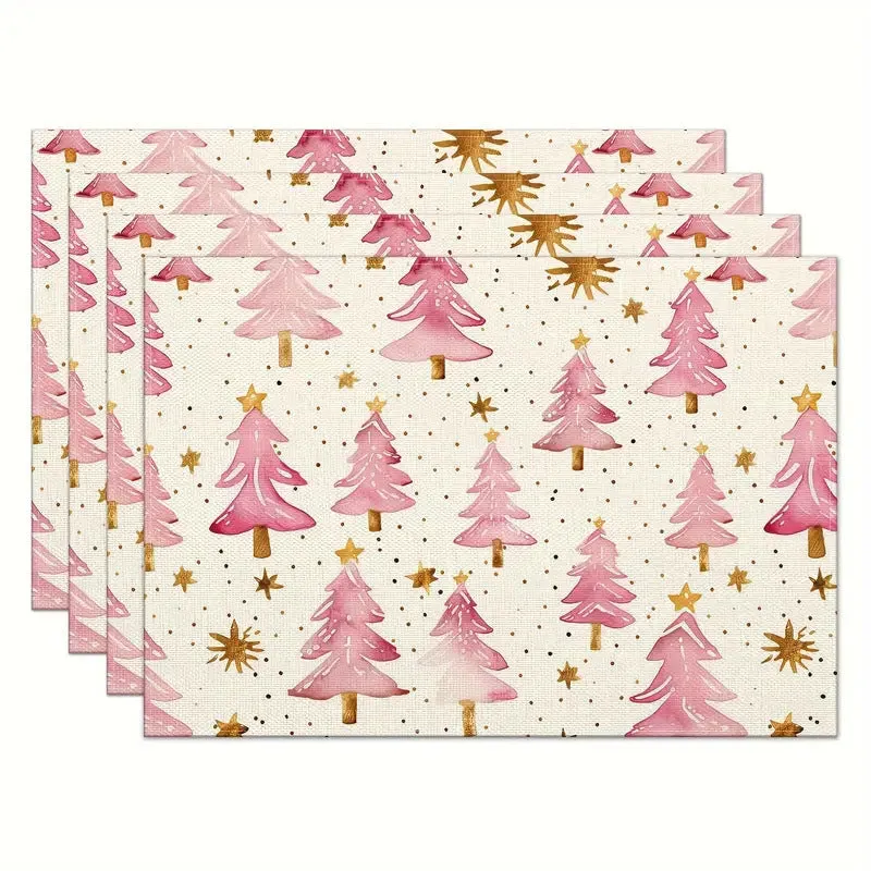 Christmas holiday party table insulation mat with Christmas tree linen printing square 30x45cm natural beige colour