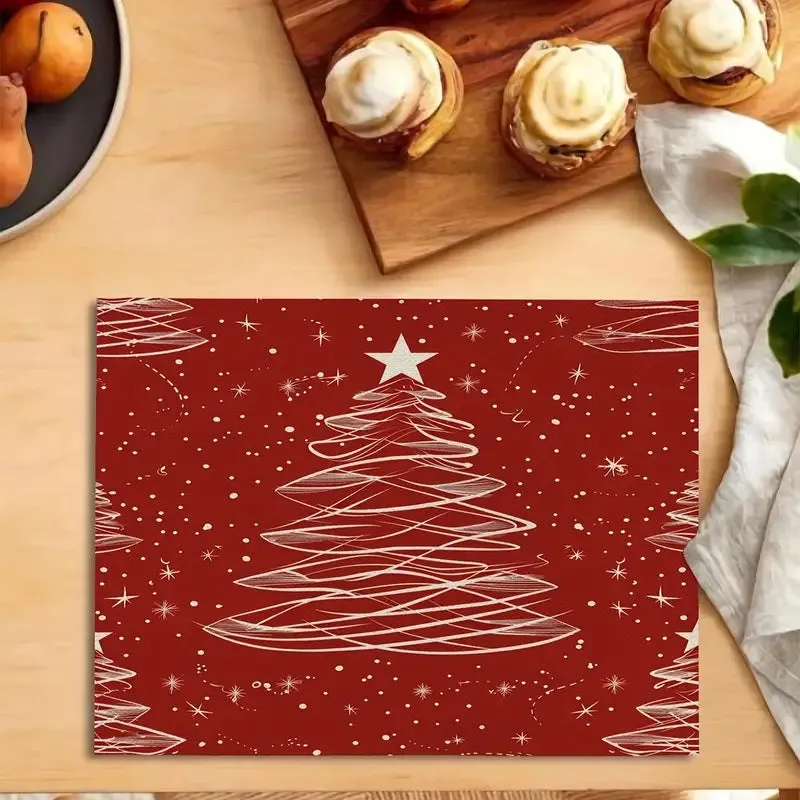 Christmas holiday party table insulation mat with Christmas tree linen printing square 30x45cm natural beige colour