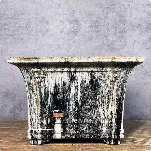 Ceramic square mouth flower pot with green crackle glaze finish, large size 36, on wooden surface