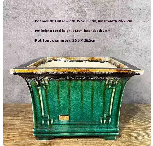 Ceramic square mouth flower pot with green crackle glaze finish, large size 36, on wooden surface