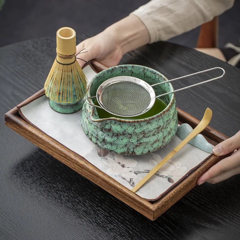 Japanese style matcha bowl set 7-piece gift box with bamboo whisk stand and ceramic bowl in cherry blossom blue