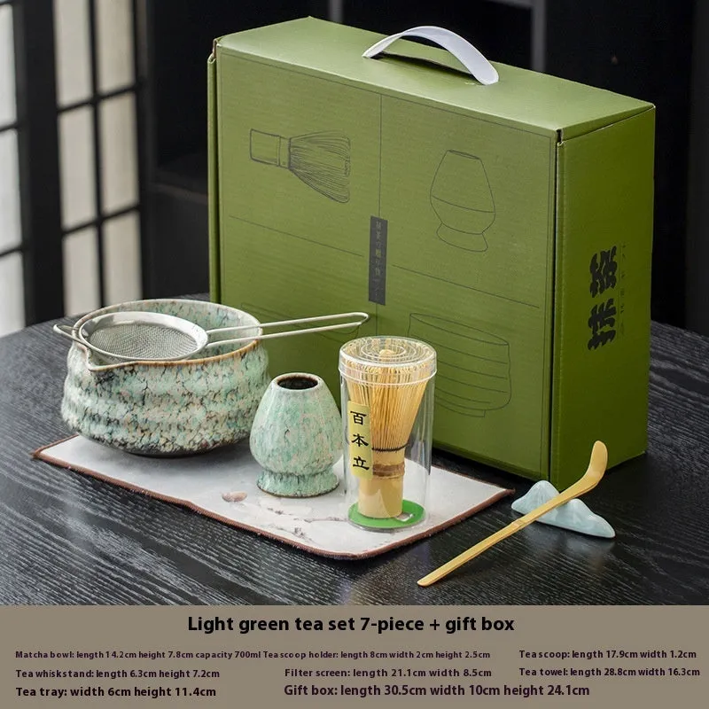 Japanese style matcha bowl set 7-piece gift box with bamboo whisk stand and ceramic bowl in cherry blossom blue