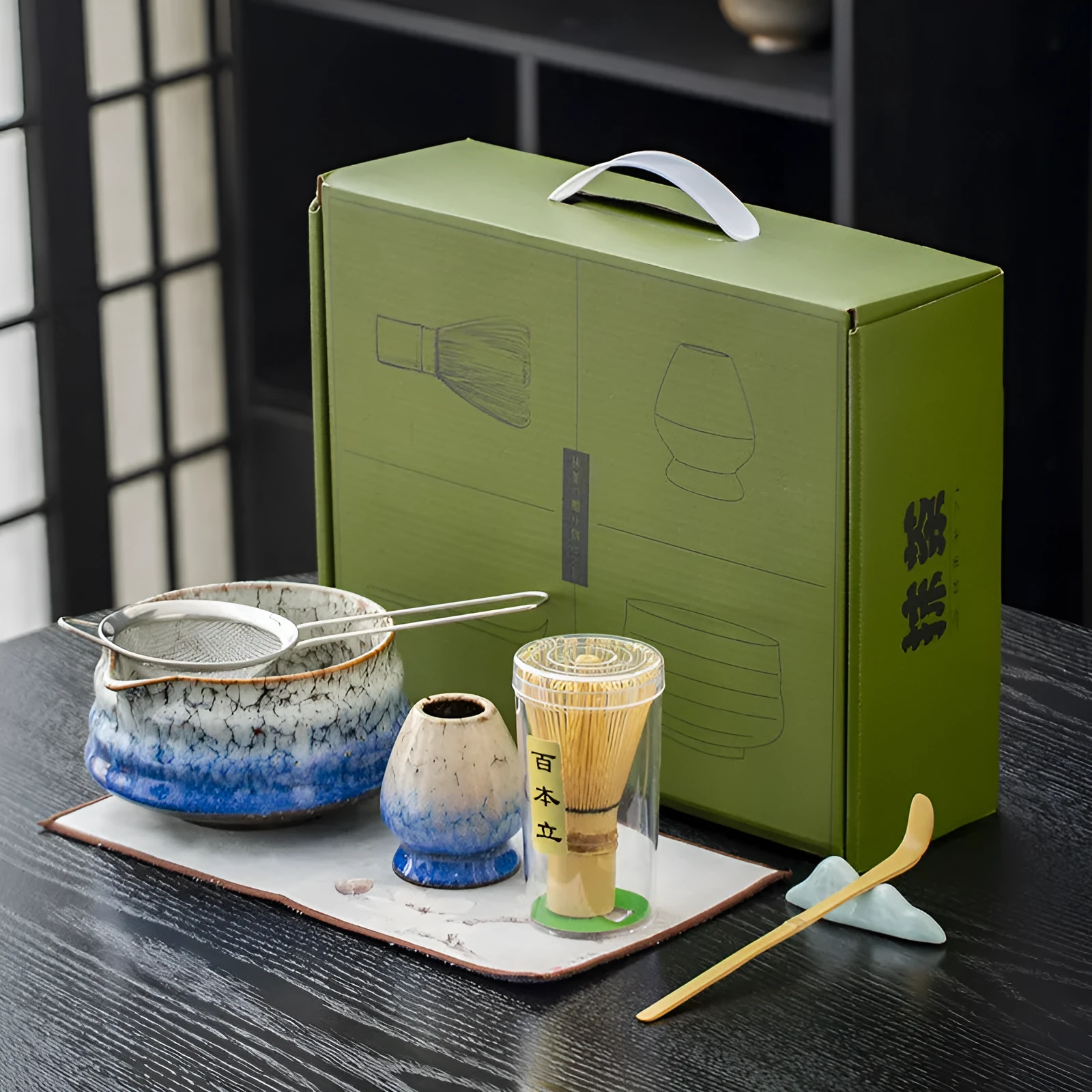 Japanese style matcha bowl set 7-piece gift box with bamboo whisk stand and ceramic bowl in cherry blossom blue