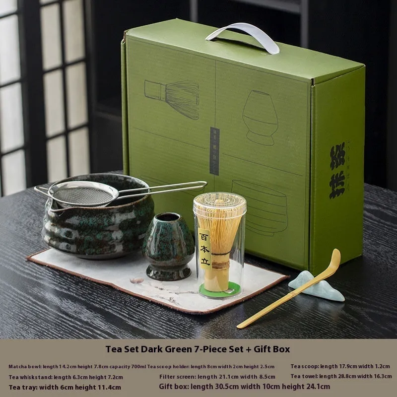 Japanese style matcha bowl set 7-piece gift box with bamboo whisk stand and ceramic bowl in cherry blossom blue