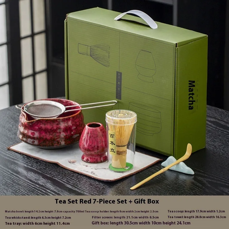 Japanese style matcha bowl set 7-piece gift box with bamboo whisk stand and ceramic bowl in cherry blossom blue