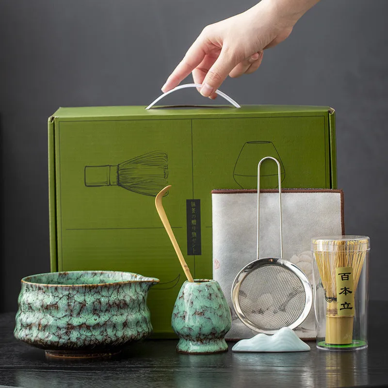 Japanese style matcha bowl set 7-piece gift box with bamboo whisk stand and ceramic bowl in cherry blossom blue