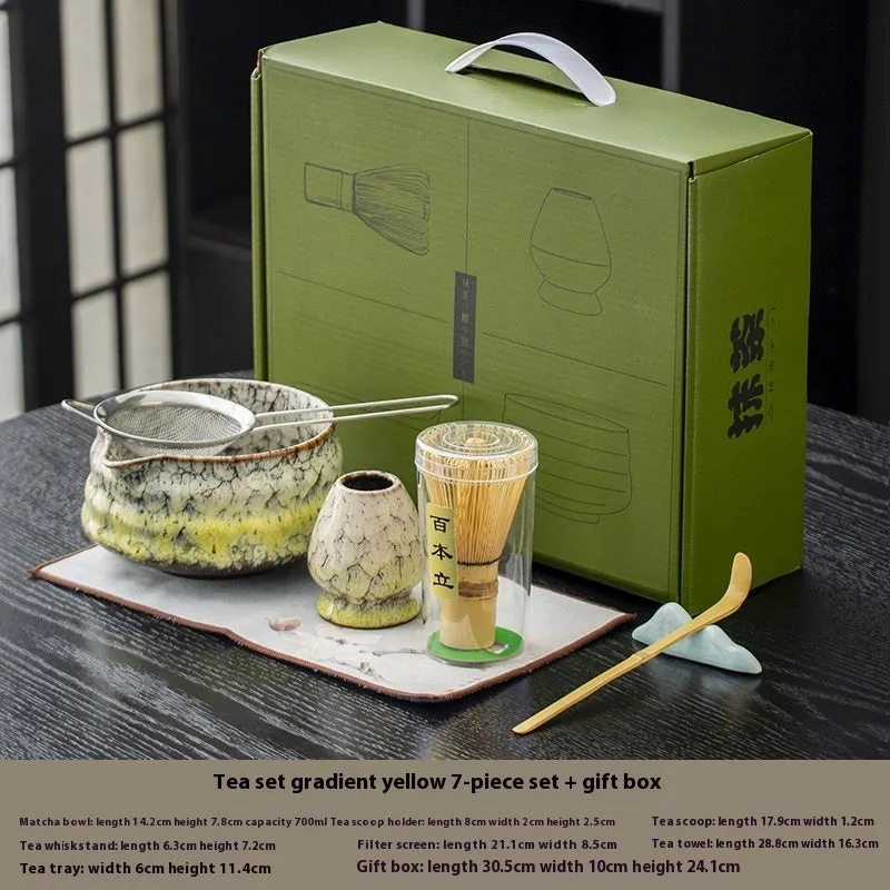 Japanese style matcha bowl set 7-piece gift box with bamboo whisk stand and ceramic bowl in cherry blossom blue