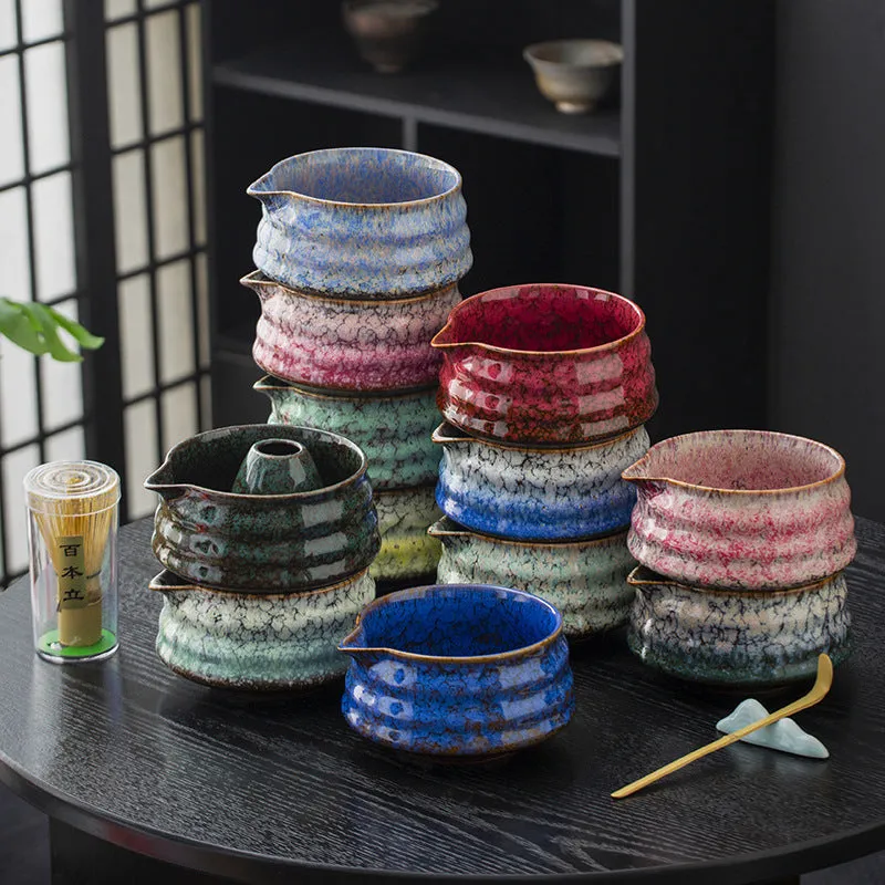 Japanese style matcha bowl set 7-piece gift box with bamboo whisk stand and ceramic bowl in cherry blossom blue