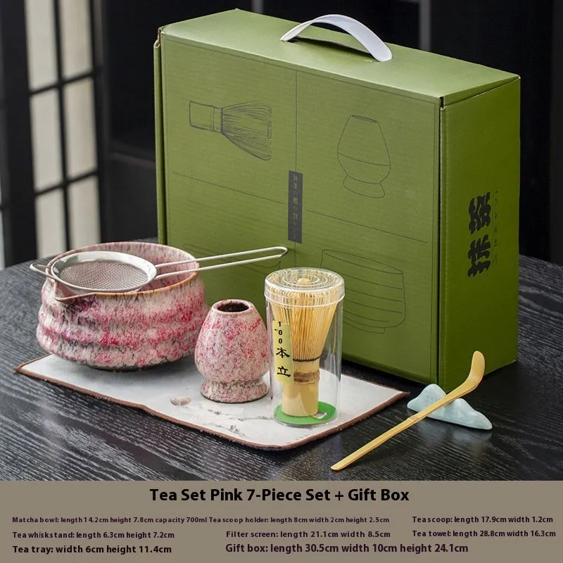 Japanese style matcha bowl set 7-piece gift box with bamboo whisk stand and ceramic bowl in cherry blossom blue
