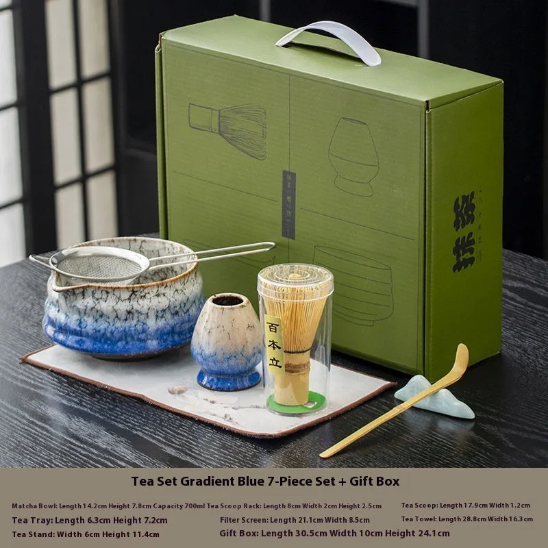 Japanese style matcha bowl set 7-piece gift box with bamboo whisk stand and ceramic bowl in cherry blossom blue