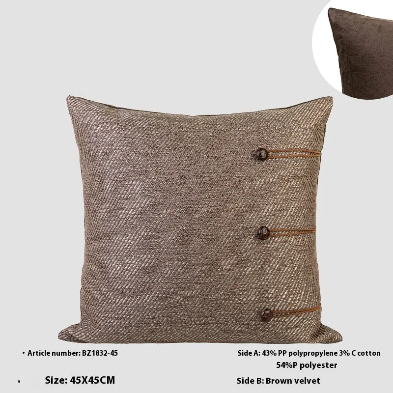 Chinese style square cushion pillow with geometric pattern in brown, red-brown, tea brown, or yellow-brown.