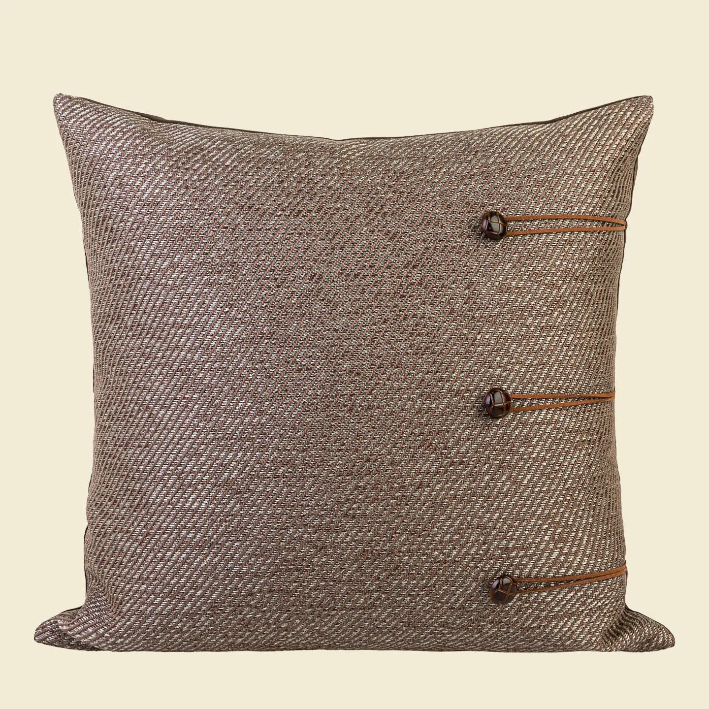 Chinese style square cushion pillow with geometric pattern in brown, red-brown, tea brown, or yellow-brown.