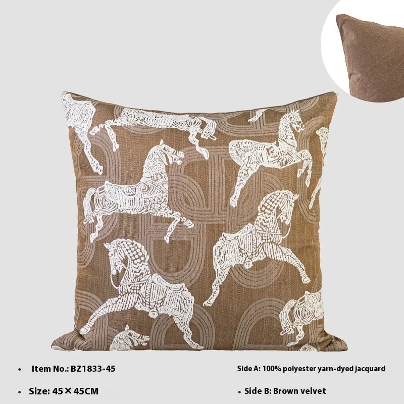 Chinese style square cushion pillow with geometric pattern in brown, red-brown, tea brown, or yellow-brown.