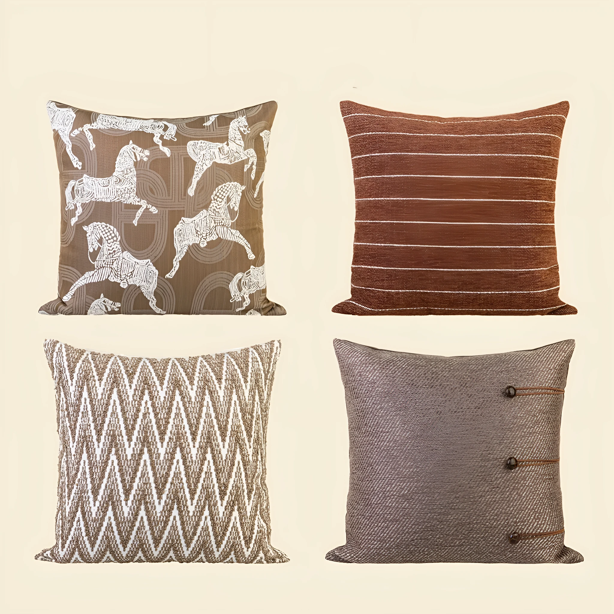 Chinese style square cushion pillow with geometric pattern in brown, red-brown, tea brown, or yellow-brown.