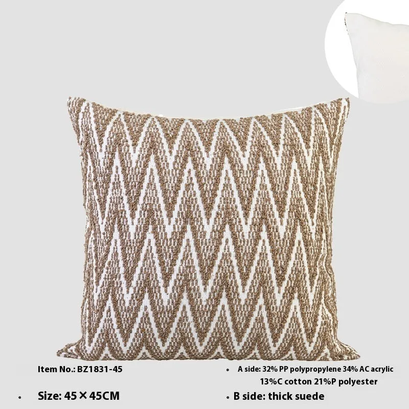 Chinese style square cushion pillow with geometric pattern in brown, red-brown, tea brown, or yellow-brown.