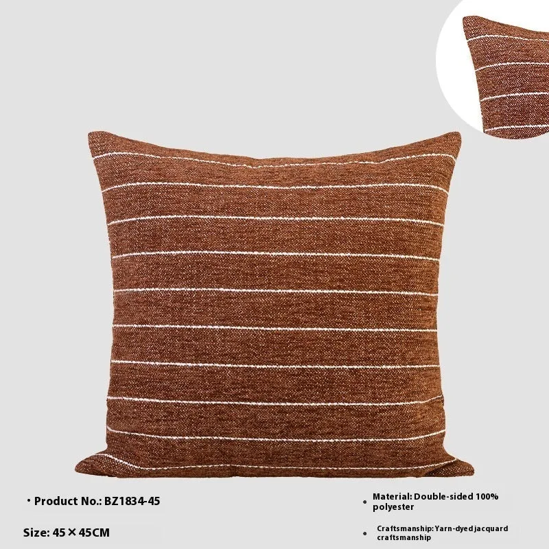 Chinese style square cushion pillow with geometric pattern in brown, red-brown, tea brown, or yellow-brown.