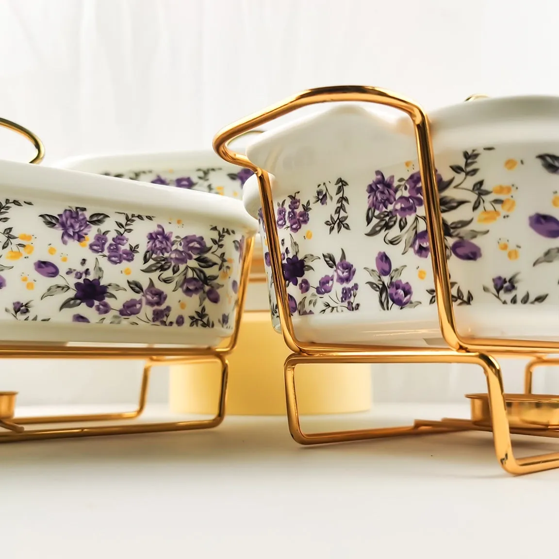 Ceramic rectangular hot pot set with binaural handles, porcelain body, electroplated finish, lemon pattern, in gift box