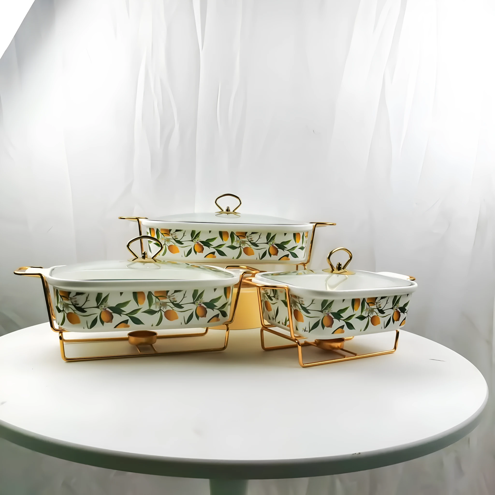 Ceramic rectangular hot pot set with binaural handles, porcelain body, electroplated finish, lemon pattern, in gift box