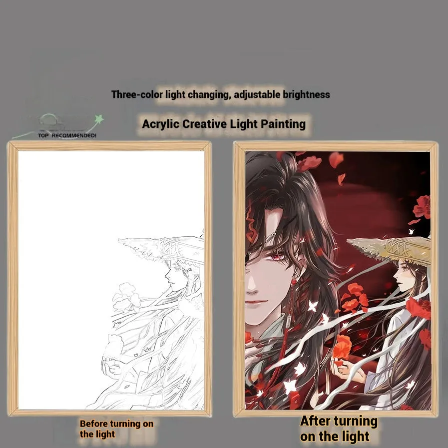 Solid wood framed decorative painting of Huacheng Xie Lian with USB light, 23x17cm size, vertical display