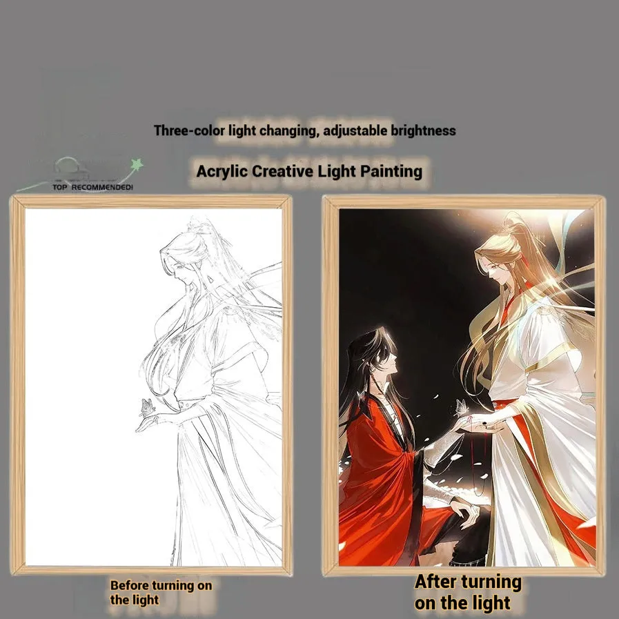 Solid wood framed decorative painting of Huacheng Xie Lian with USB light, 23x17cm size, vertical display