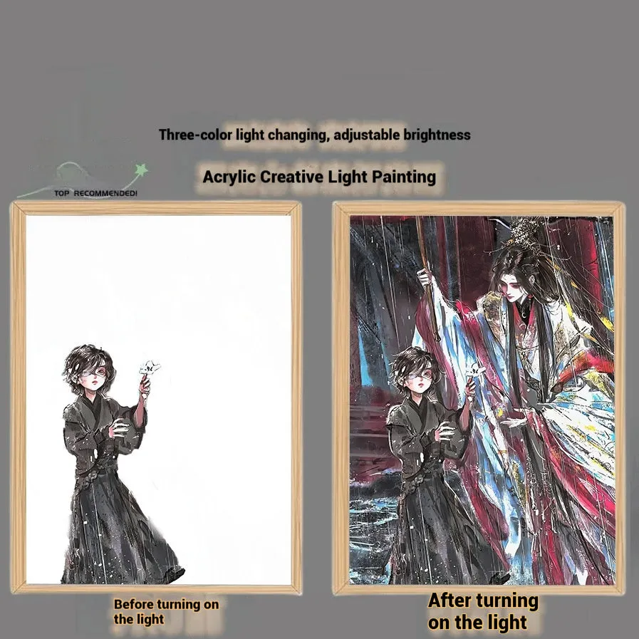Solid wood framed decorative painting of Huacheng Xie Lian with USB light, 23x17cm size, vertical display