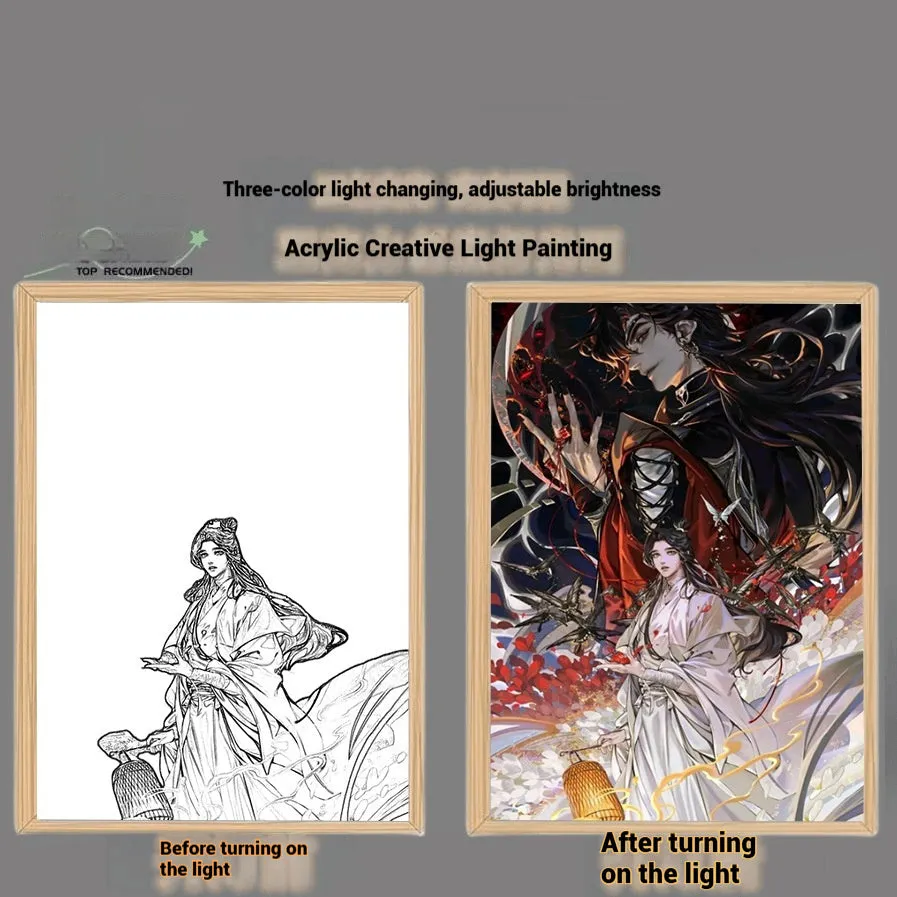 Solid wood framed decorative painting of Huacheng Xie Lian with USB light, 23x17cm size, vertical display