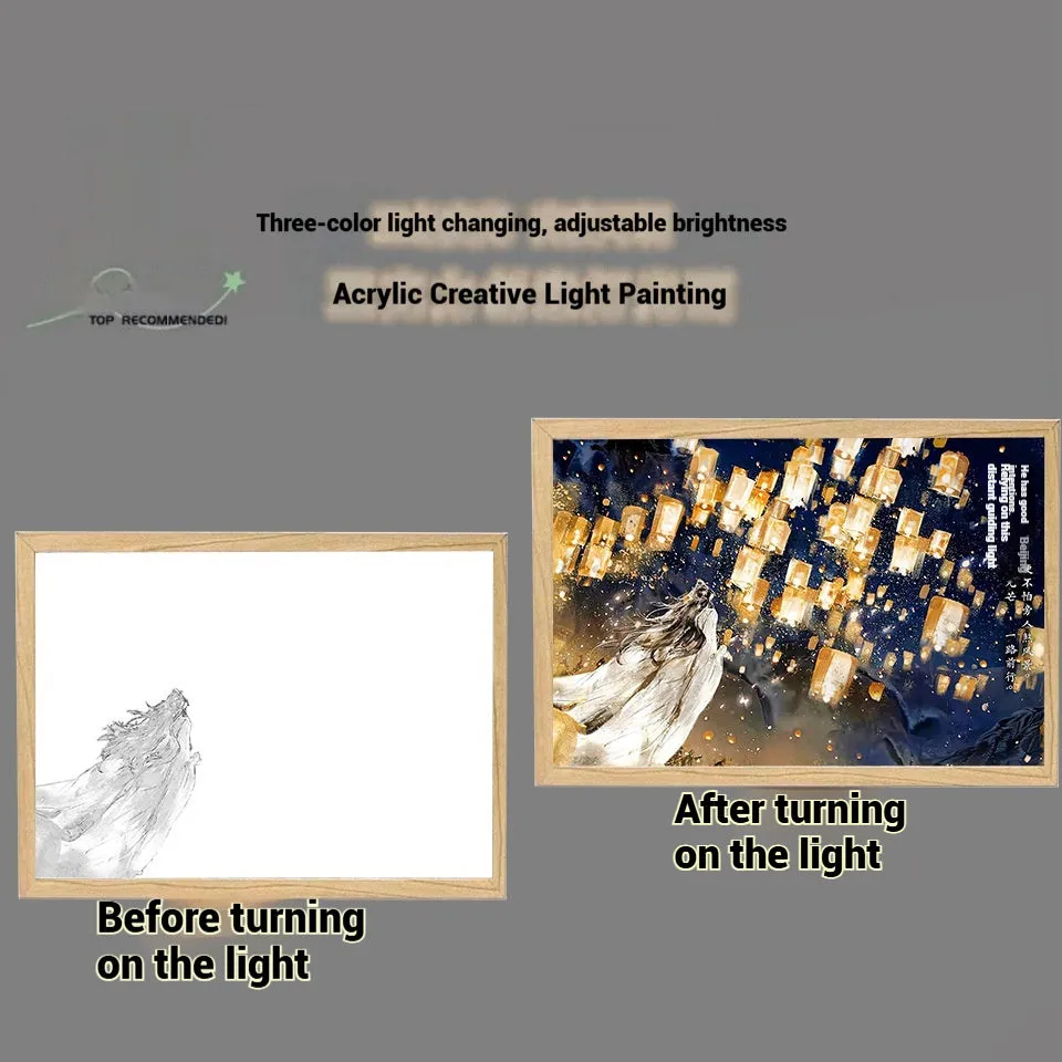 Solid wood framed decorative painting of Huacheng Xie Lian with USB light, 23x17cm size, vertical display