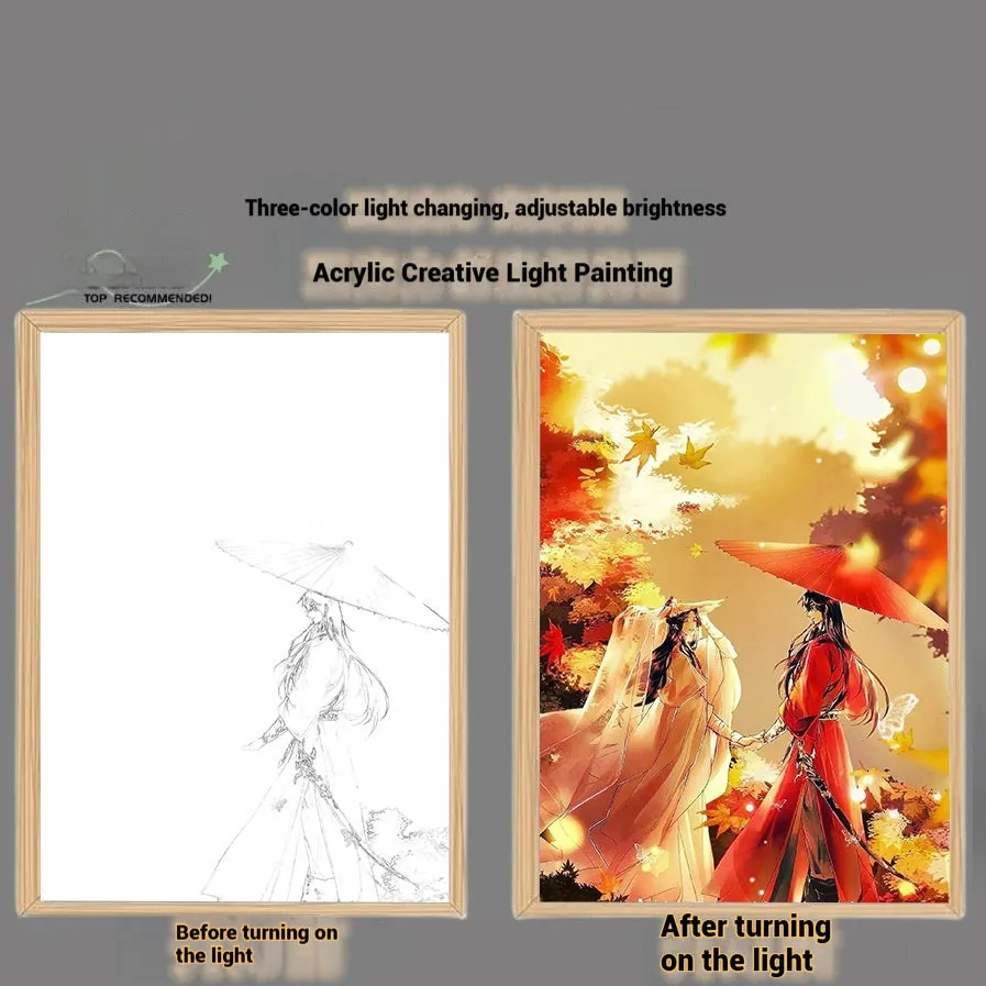 Solid wood framed decorative painting of Huacheng Xie Lian with USB light, 23x17cm size, vertical display